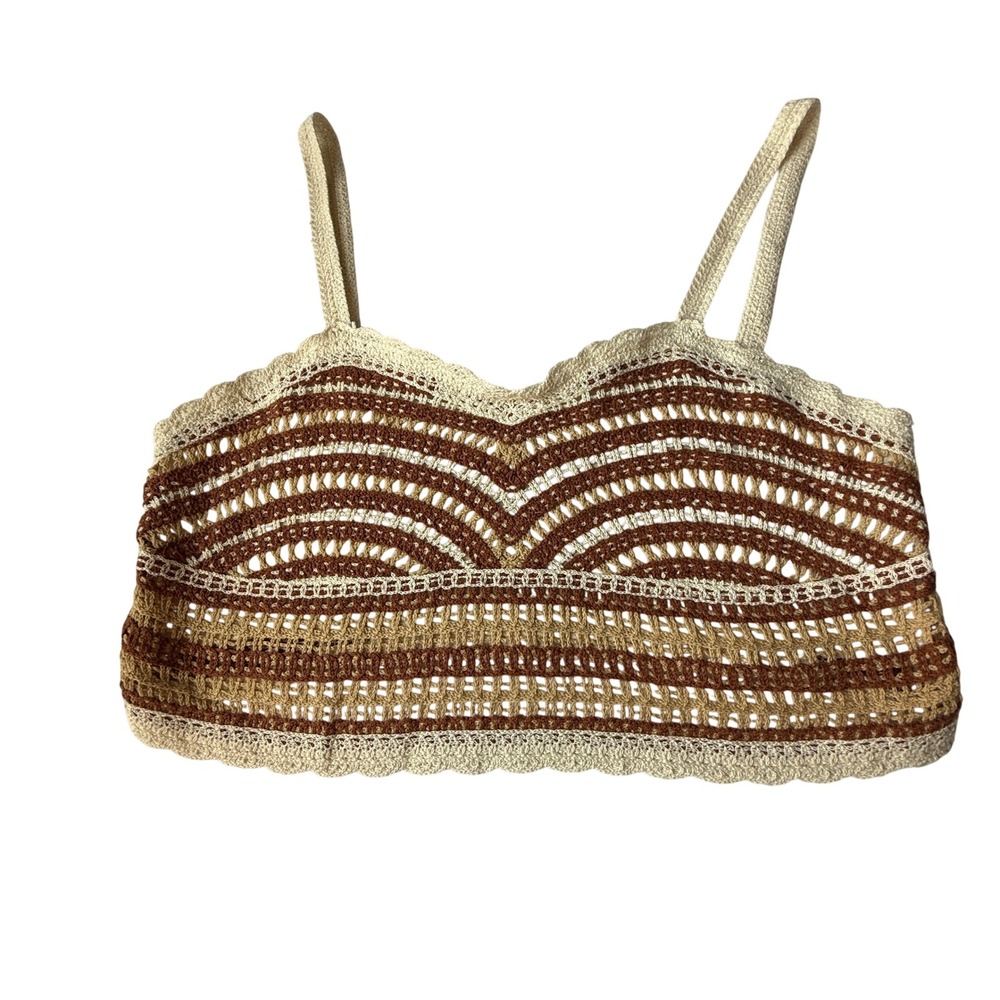 Rebellion Again Crochet Crop Top XL Brown Cream Boho Festival Y2K Cottagecore